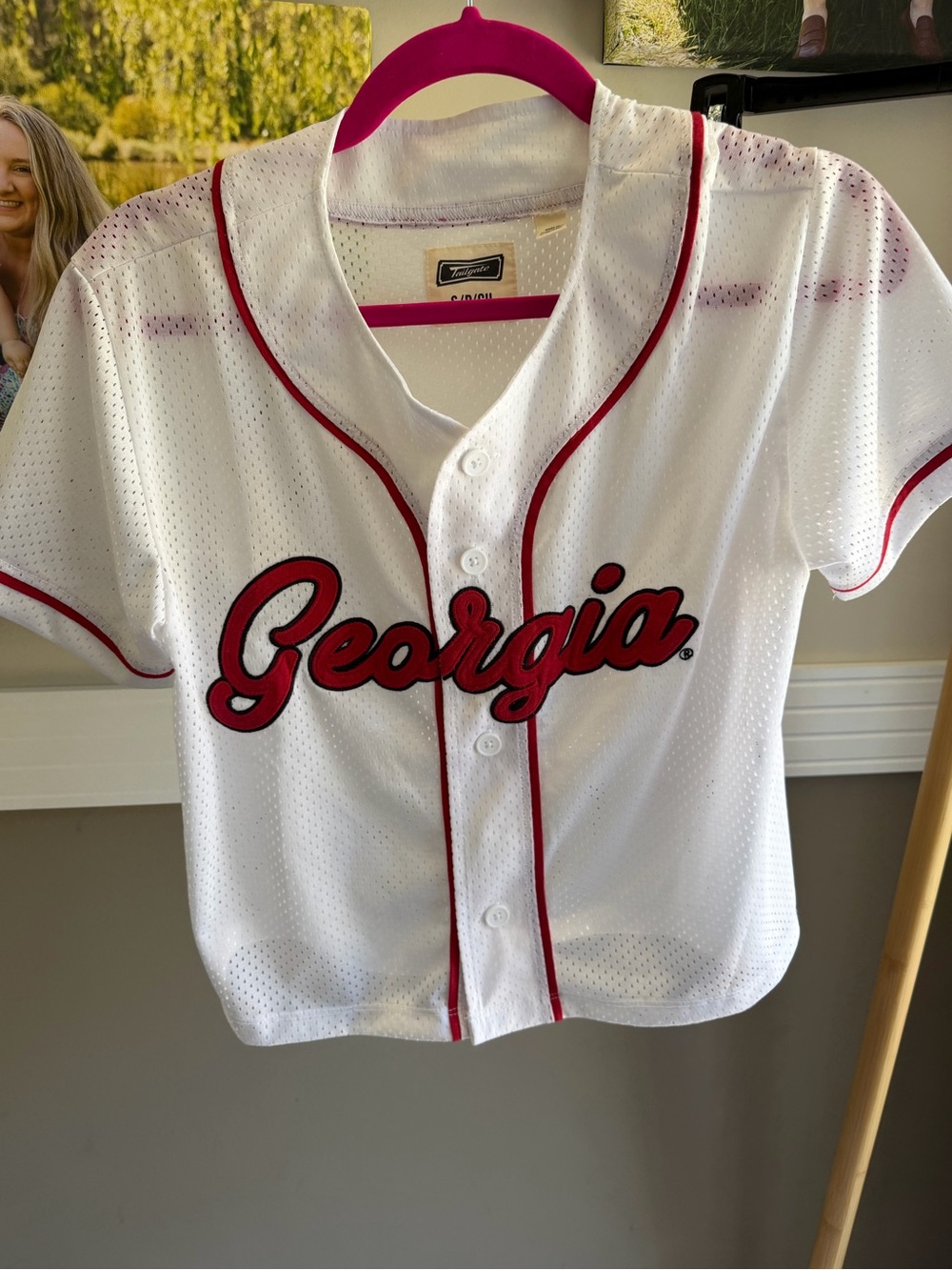 Georgia Women's White & Red Baseball Jersey - Team Script Front